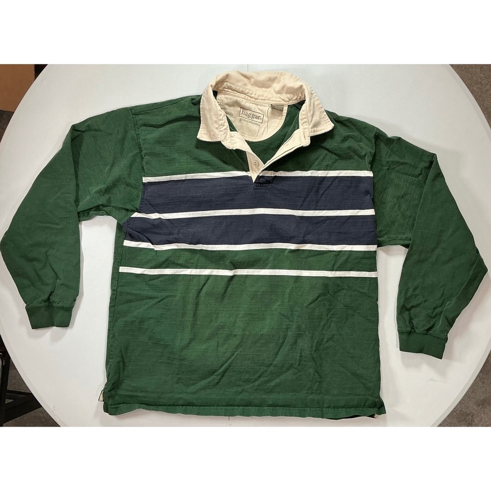 VTG Y2K Haggar Color Block Rugby Shirt Green Navy Striped Cotton Preppy Men 2XL